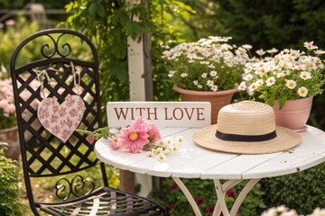 Garden scene with table chair flowers hat and with love sign outside