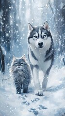 Naklejka premium Snowy Friendship – A Husky and a Fluffy Cat in a Winter Wonderland oil painting