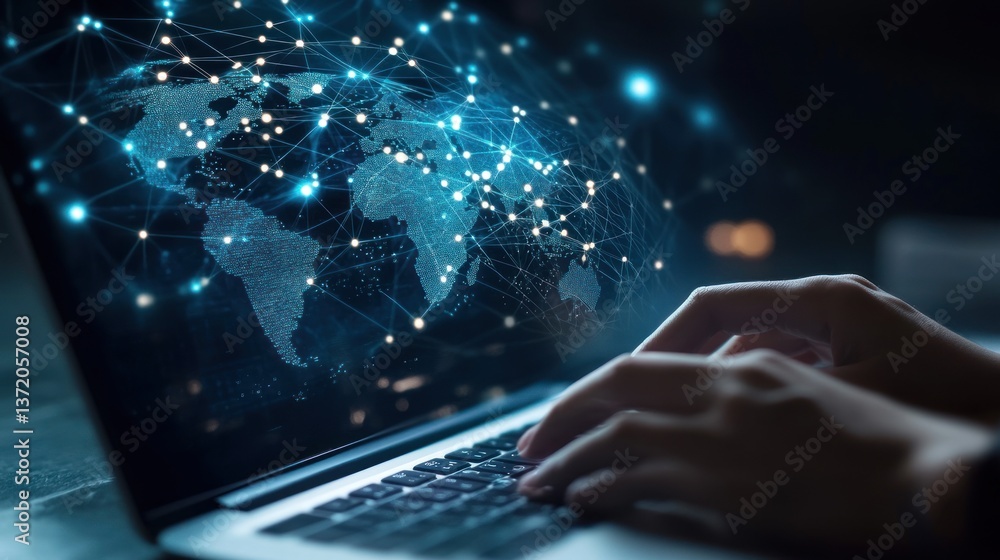 Aufkleber global network connection on laptop. hands typing on a laptop with a projected world map and network