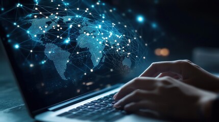 Global network connection on laptop. Hands typing on a laptop with a projected world map and network connecting various points