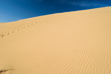 Tottori Sand Dunes – Beautiful Sand Ripples and Human Footprints Against the Blue Sky, Tottori, Japan