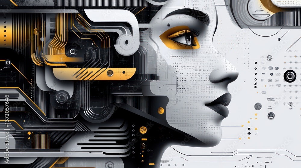 Poster abstract futuristic profile with intricate circuitry and golden accents a blend of human form and te