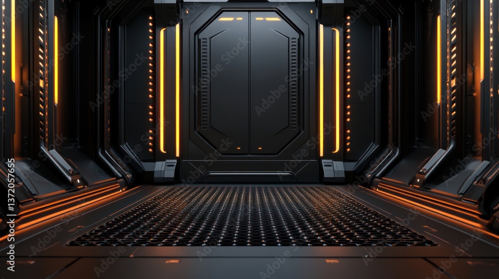 Poster futuristic corridor with glowing orange lights leading to a secure door in a sleek and technological
