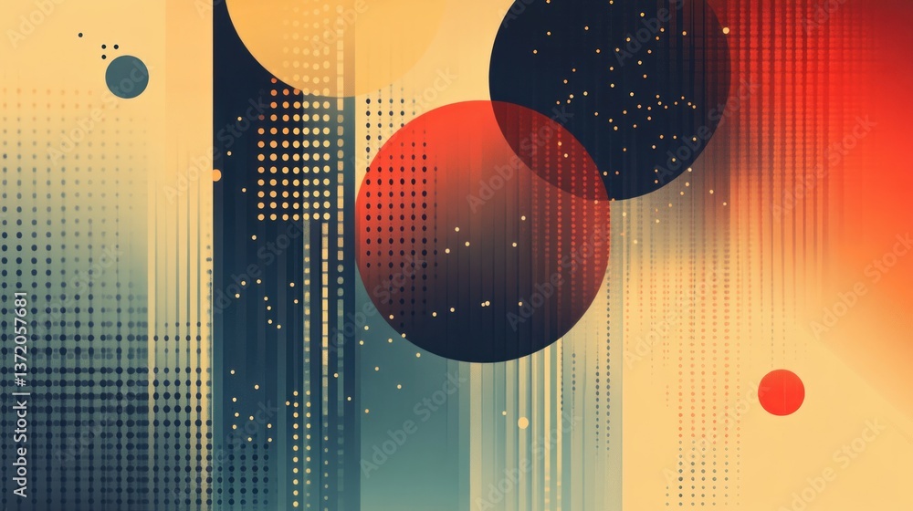 Poster abstract composition featuring overlapping circles and geometric elements in retro color palette wit