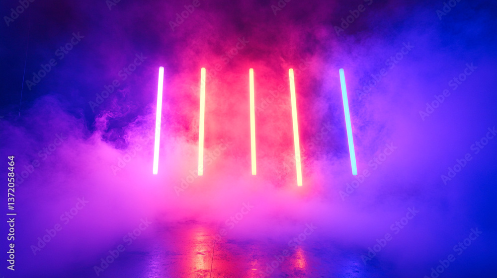 Poster five vertical neon light bars amidst a hazy fog with pink and blue color gradient background