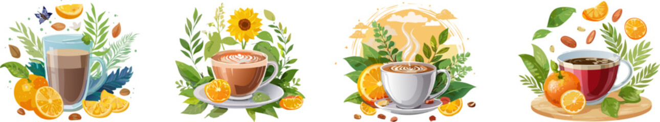 A Colorful Beverage Collection: An artistic assortment of coffee and tea beverages, each framed by decorative arrangements of fruits and foliage.  