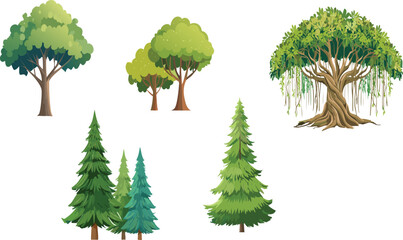 Tree Diversity: A collection of trees featuring different types and sizes, showcasing the beauty of nature's arboreal world.