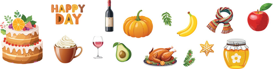 Obraz premium Festive Feast: A vibrant assortment of food and seasonal items create a colorful display, perfect for celebrating good times. Capturing the warmth of togetherness, showcasing a variety of treats.