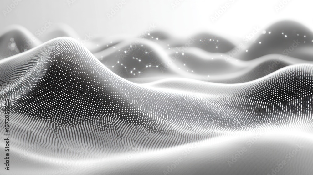 Poster abstract network landscape with connected nodes shimmering across undulating terrain conveying techn