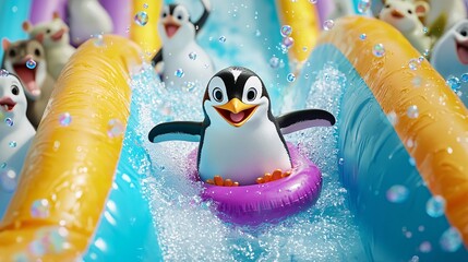3D Happy Penguin Sliding Down Colorful Water Slide with Excitement