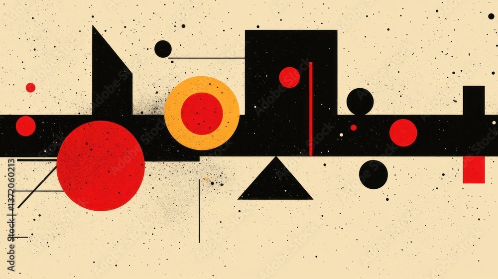 Poster geometric abstraction with circles squares and triangles creating a balanced composition on a speckl