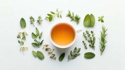 Herbal tea surrounded by fresh herbs