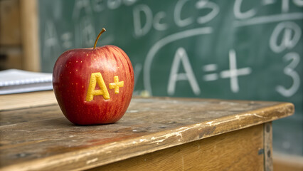 A Plus Red Apple on Old Wooden Desk in Front of Green Chalkboard with Math Equations