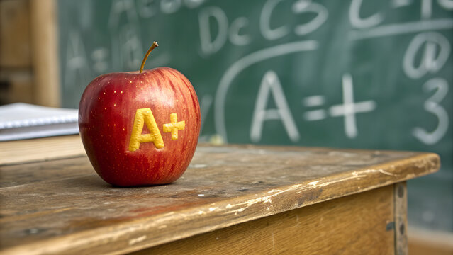 A Plus Red Apple on Old Wooden Desk in Front of Green Chalkboard with Math Equations