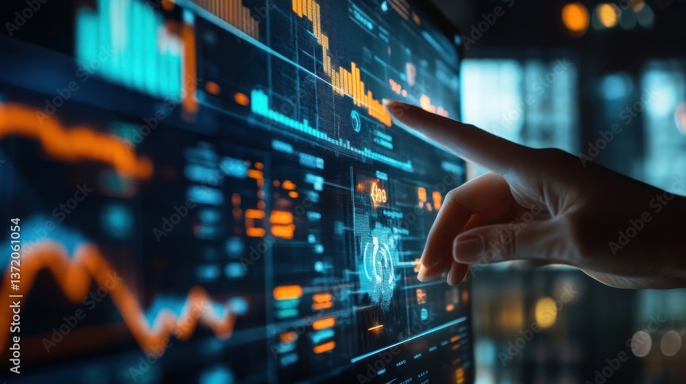 Aufkleber hand interacting with a large screen displaying financial data