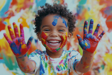 little boy with painted hands