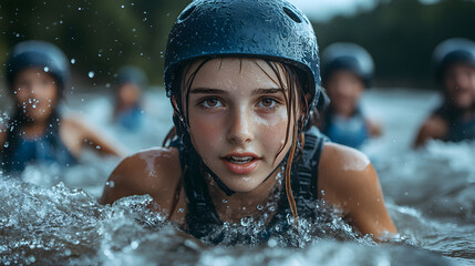 Obraz premium Junges Mädchen im Wasser mit Helm beim Wildwassersport oder Outdoor-Abenteuer 