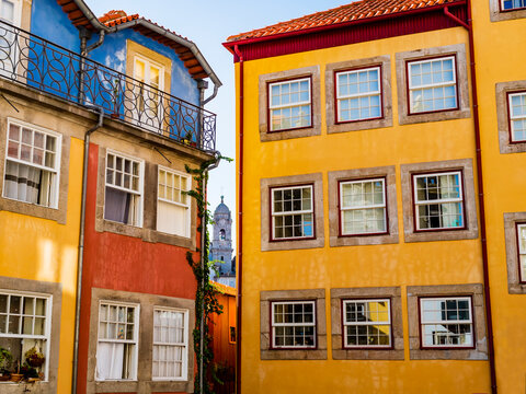 Colorful houses in Largo da Pena Ventosa, a quiet square in the old city centre of Porto, Portugal