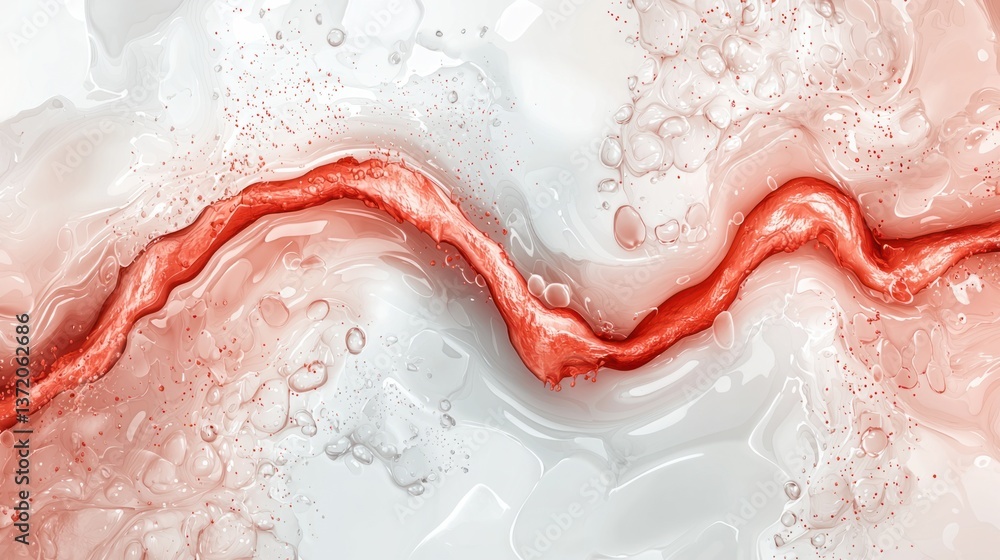 Poster abstract red liquid wave on white background with bubbles and texture