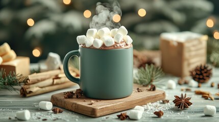 Hot chocolate with marshmallows. Festive Christmas scene