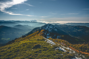 Blick vom Hochgrat Richtung S&auml;ntis im Fr&uuml;hling (Allg&auml;u, Bayern, Deutschland)	

