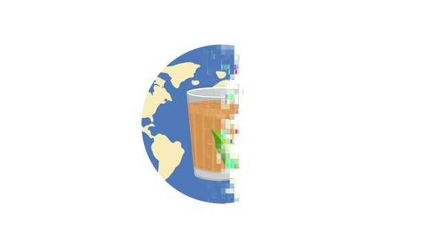 globe earth with Indian chai tea transparent glass and green tea leaves animation for international tea day,Green Tea symbol, Tea Beverage sign reveal, Tea Culture, Tea Glass,Herbal Tea Ceremony revea