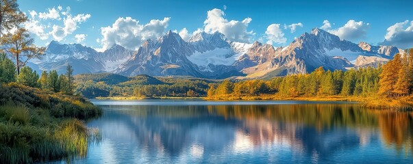 Fototapeta premium Autumn mountains frame the lake, where trees, sky, and clouds meet the water, creating a scenic nature landscape with a perfect reflection.