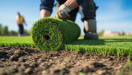 Landscaping Worker Installing Sod Roll on a Sunny Day