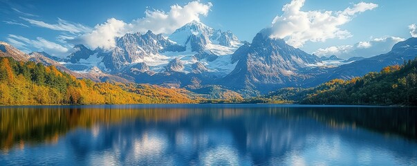 Obraz premium Majestic mountains meet a stunning lake, mirroring trees and the boundless blue sky adorned with fluffy clouds, creating a perfect water reflection of nature's landscape.