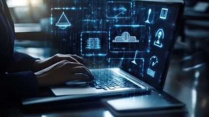 Hands typing on a laptop with digital icons overlay