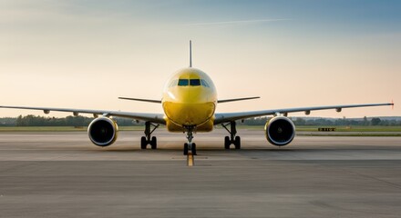 Yellow airplane parked on the runway during sunset