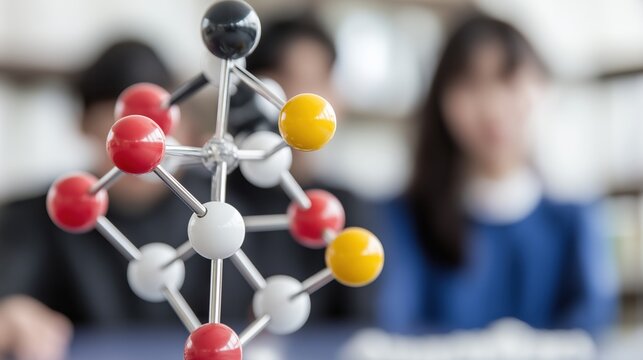 Students Engaged in Technology Studies with Molecular Model in Focus at Educational Institution - Powered by Adobe