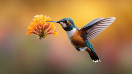 Fototapeta premium Hummingbird in flight, feeding on flower