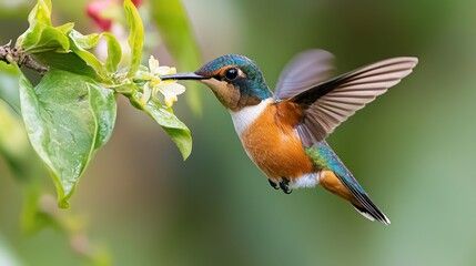 Fototapeta premium Hummingbird in flight feeding on flower