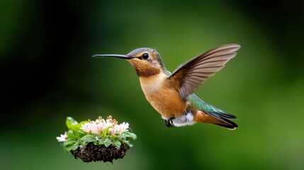 Fototapeta premium Hummingbird in flight near flower cluster