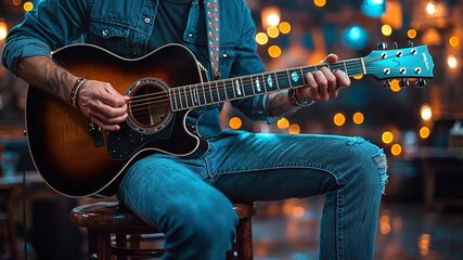 Man playing acoustic guitar, stage lights, live music, artistic performance, potentially for a music advertisement