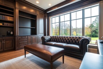 Fototapeta premium Luxury executive office with leather sofa and dark wood furniture, premium corporate setting, professional workspace