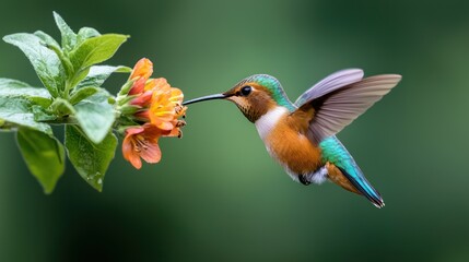 Fototapeta premium Hummingbird in flight near vibrant flower