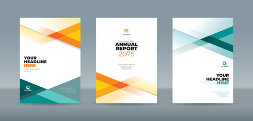 Professionally designed editable book cover templates featuring sleek geometric in vibrant shades in green, and orange tones—ideal for corporate branding, annual report, and polished presentation