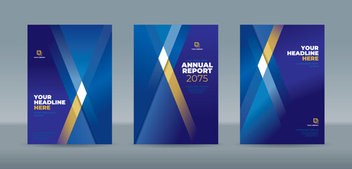 Stylish and editable book cover template featuring blue, gold, and white geometric designs. A4 size book cover template for annual report, magazine, booklet, proposal, portfolio, brochure, poster