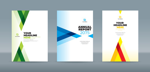 Professionally designed editable vector book cover templates showcasing sleek geometric patterns in green, blue, and yellow tones—ideal for corporate branding, annual report, and polished presentation