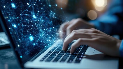 Hands typing on laptop, network graphic overlay (4)