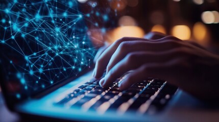 Hands typing on laptop, network overlay