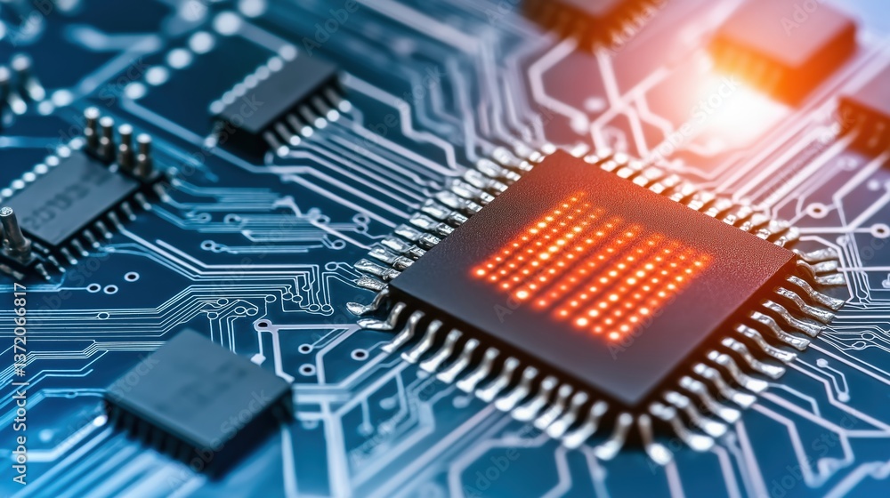 Poster close-up shot of microcontrollers on printed circuit board with led lights glowing