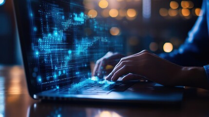 Hands typing on laptop with financial data overlay