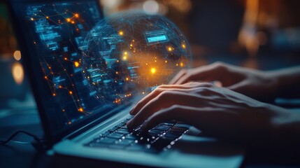 Hands typing on laptop with holographic globe.  Data visualization