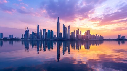 Fototapeta premium Close-up of mirrored skyscrapers reflecting dramatic sunset, high-contrast HDR reflections, stunning cityscape at dusk