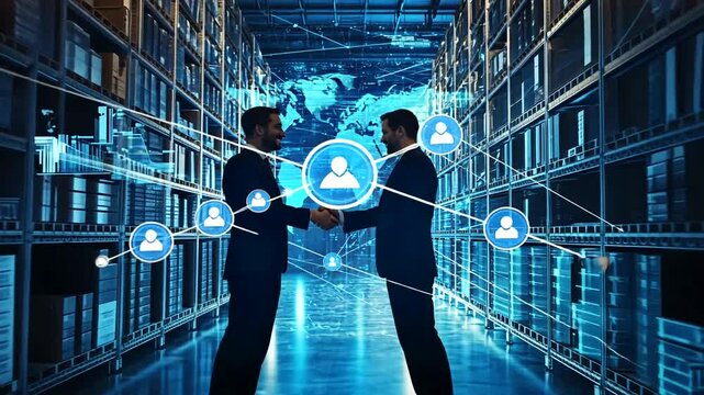 Two business professionals shaking hands in a modern warehouse, with a digital network overlay symbolizing connections - Powered by Adobe