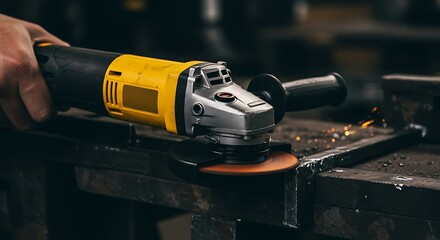 Using Angle Grinder on Metal with Sparks in Workshop Setting