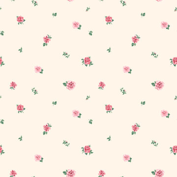 Seamless Millefleurs Floral Pattern with Small Hand-Drawn Flowers Roses in Liberty Style. Vintage Spring Bouquet Design for Fashion Prints. Small Roses on Light Background, Rococo. Rustic